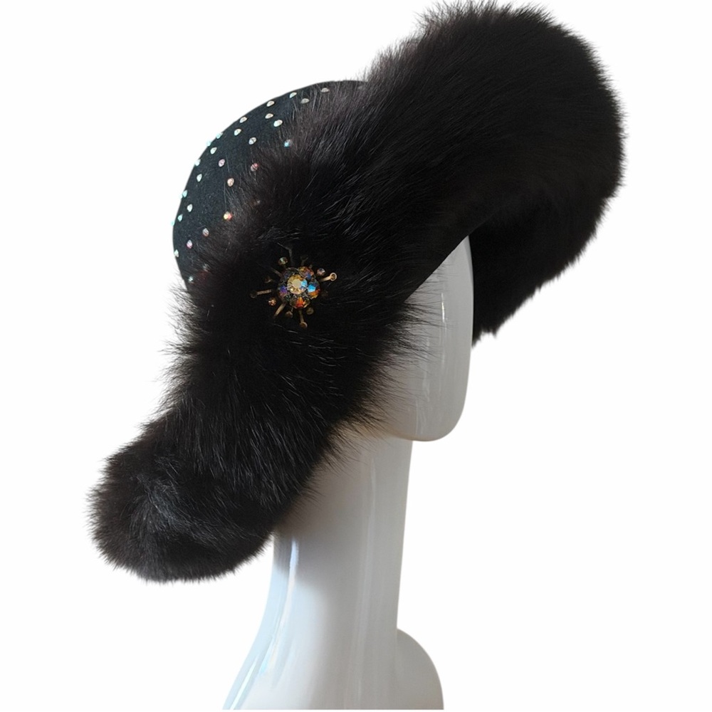 Tim Crawford Black Wide Brim Hat with Rhinestones and Faux Fur